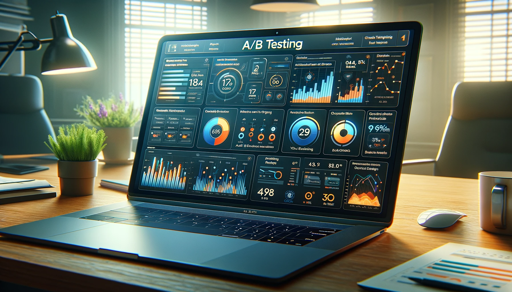 DALL·E 2024-01-31 18.46.46 - Create a cinematic, photorealistic image in a 16_9 aspect ratio depicting a laptop screen displaying various graphs and charts related to A_B testing 