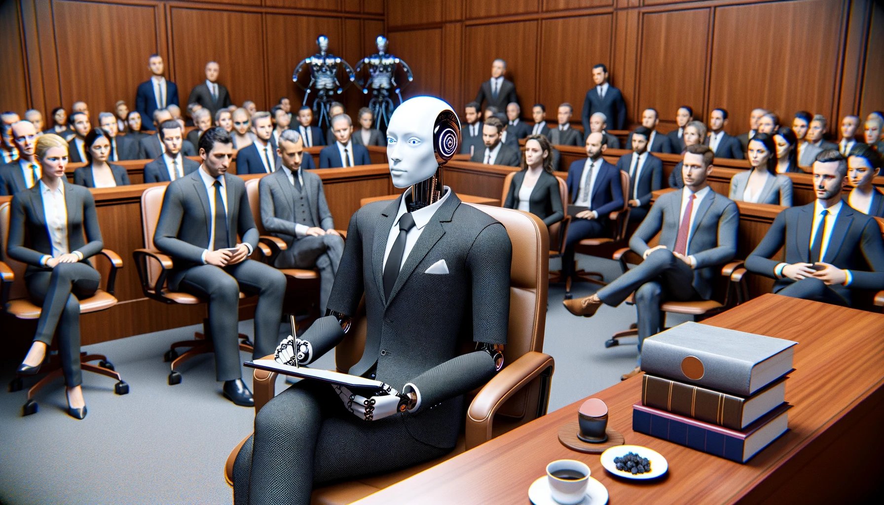DALL·E 2024-03-23 02.33.57 - Visualize a highly advanced AI legal consultant, personified as a humanoid robot, in a courtroom setting, but not as a lawyer or speaker. This time, t