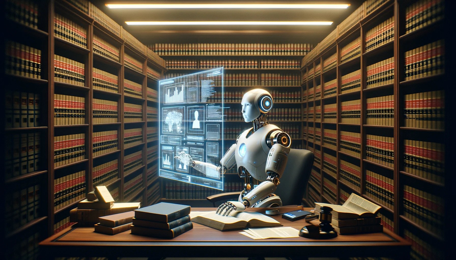 DALL·E 2024-03-23 02.39.34 - Imagine a scenario where a highly advanced AI legal consultant, visualized as a humanoid robot, is deeply involved in legal research within a law firm