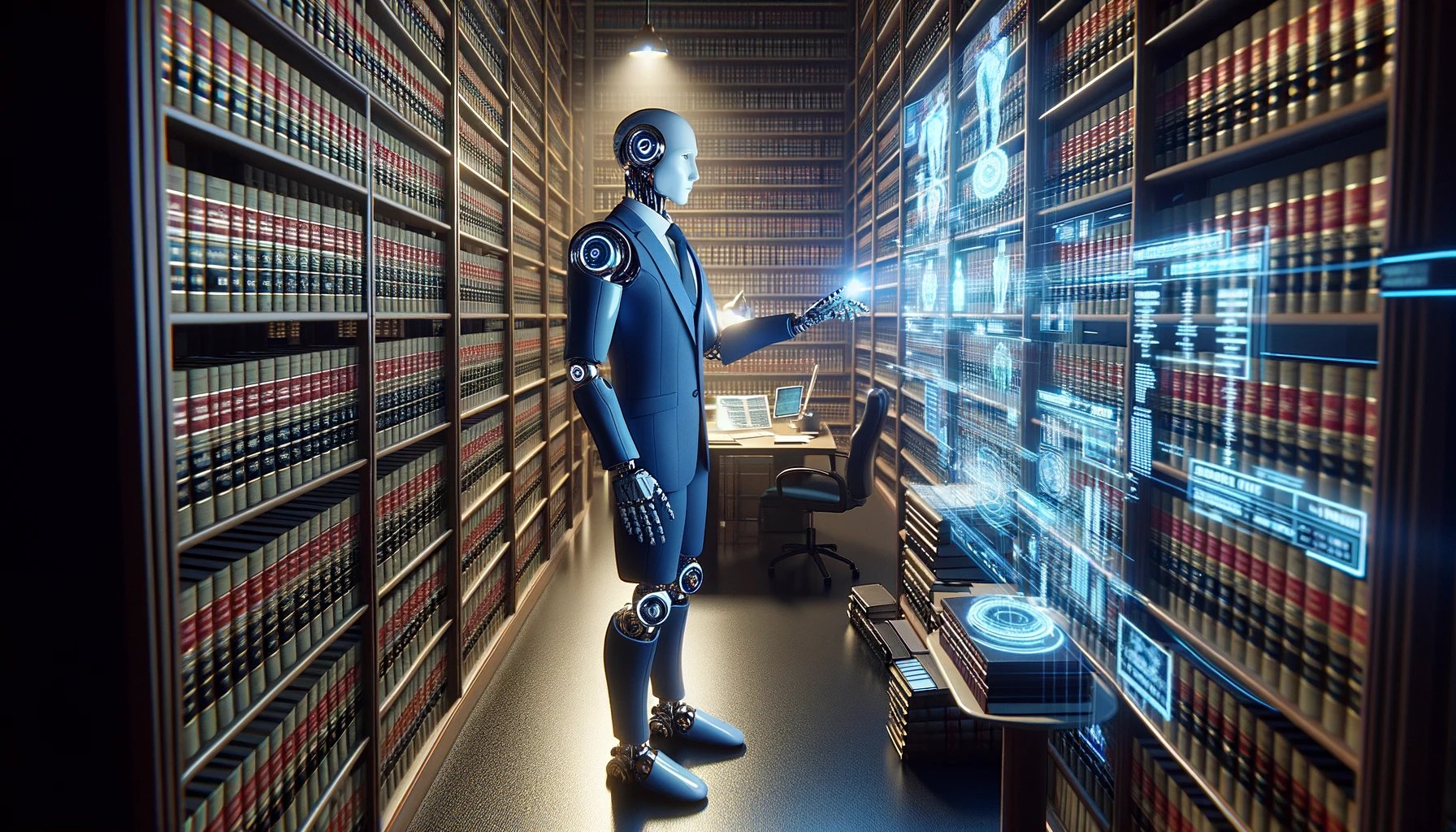 DALL·E 2024-03-23 02.40.27 - Imagine a scenario where a highly advanced AI legal consultant, visualized as a humanoid robot, is deeply involved in legal research within a law firm