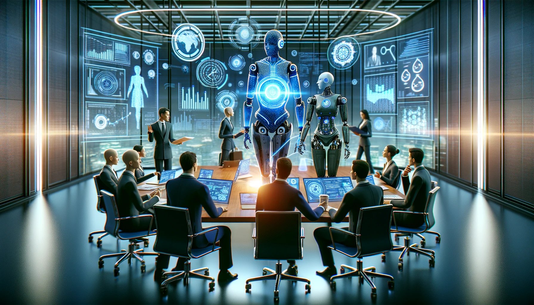 DALL·E 2024-03-23 02.42.32 - Envision a future scenario where AI legal consultants have become an integral part of law firms. In this advanced setting, a group of humanoid robots,