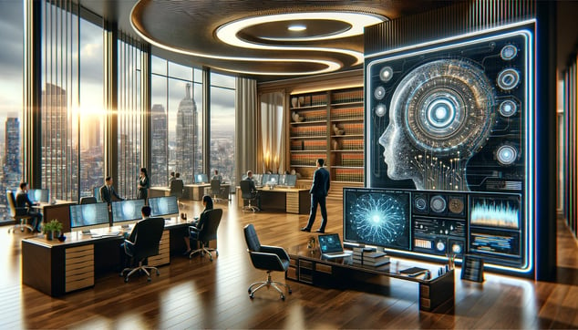 DALL·E 2024-03-28 02.40.30 - A sleek, futuristic AI system is integrated into a bustling law firm office, capturing the essence of technology merging with traditional legal practi