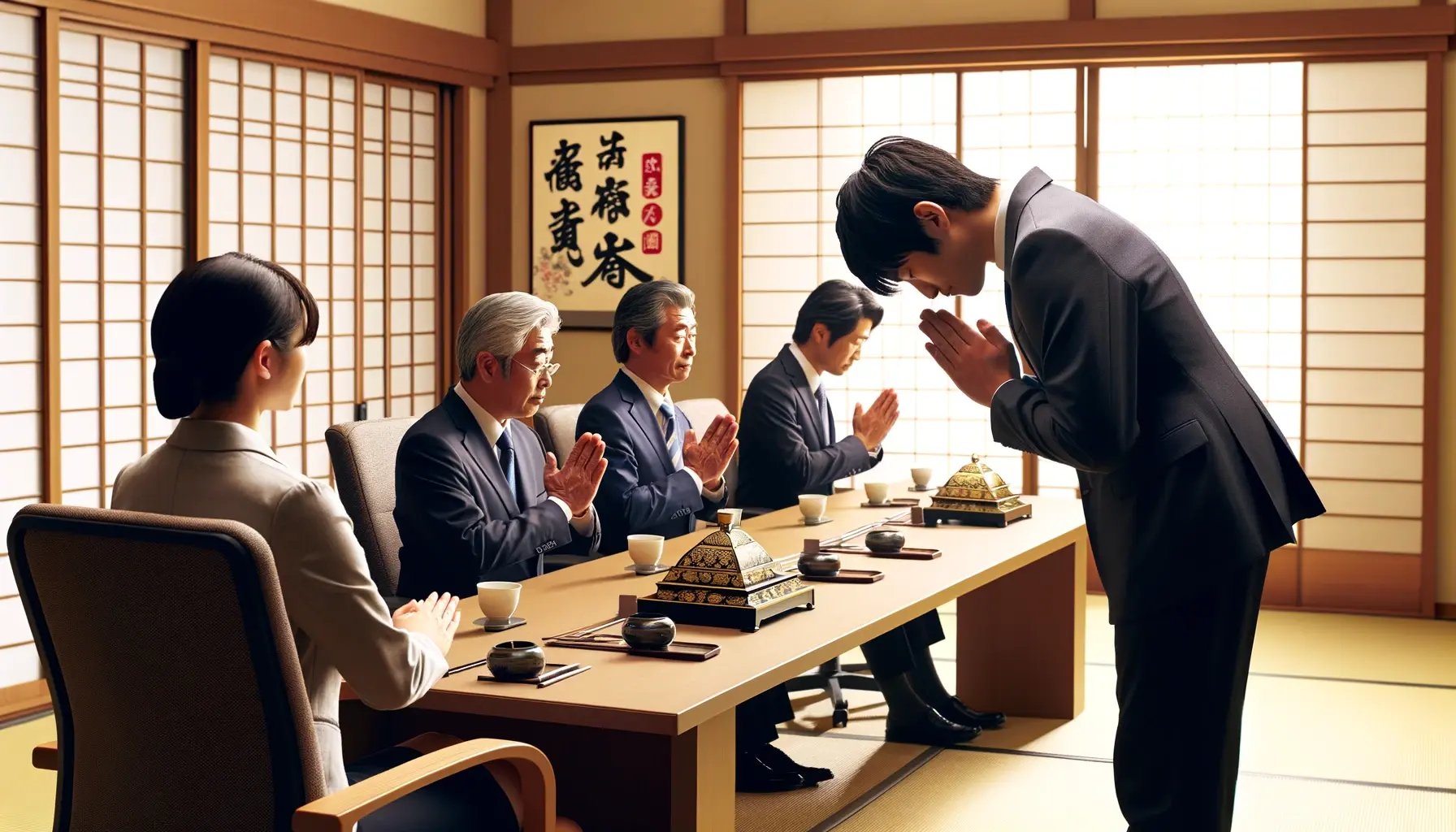 DALL·E 2024-05-04 17.30.57 - A business scene in Japan showing Respectful Greetings and Body Language and Understanding Hierarchy and Respecting Order. The image features a tr