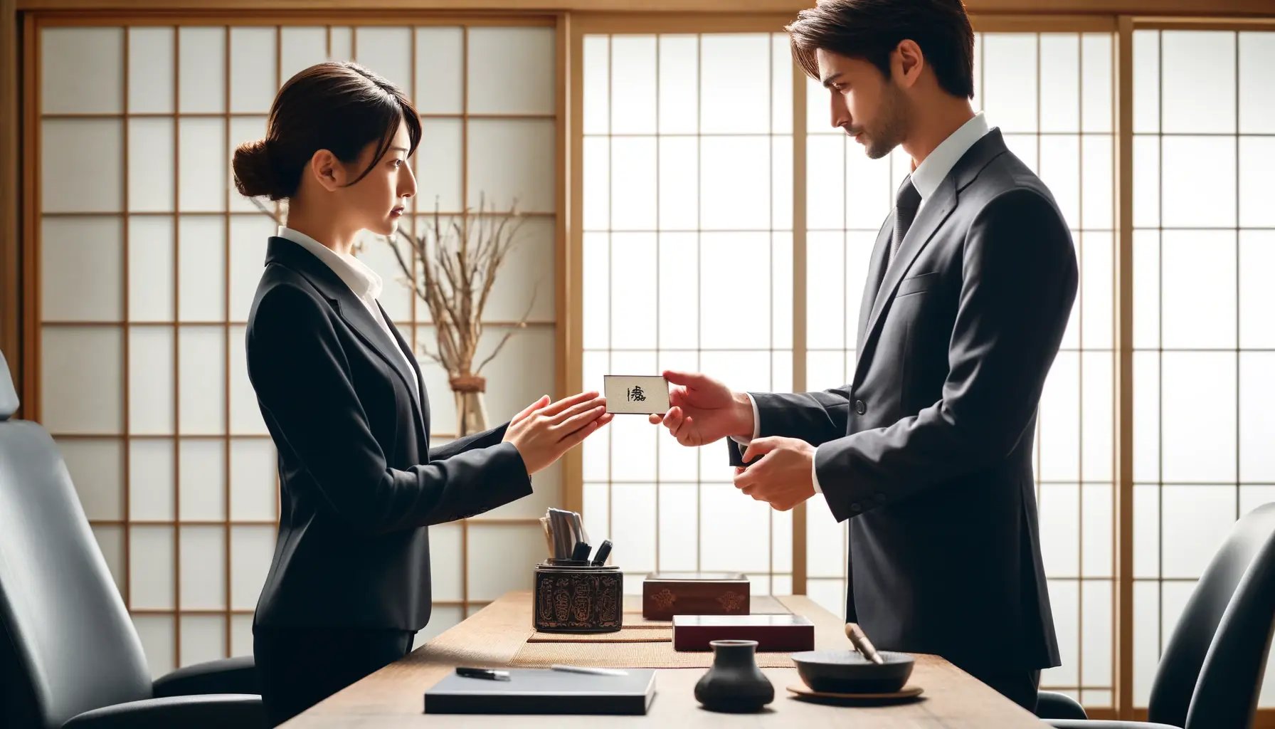 DALL·E 2024-05-04 17.44.43 - A professional business scene in a Japanese office, showing a respectful meishi exchange. The image depicts a businessman and a businesswoman in for