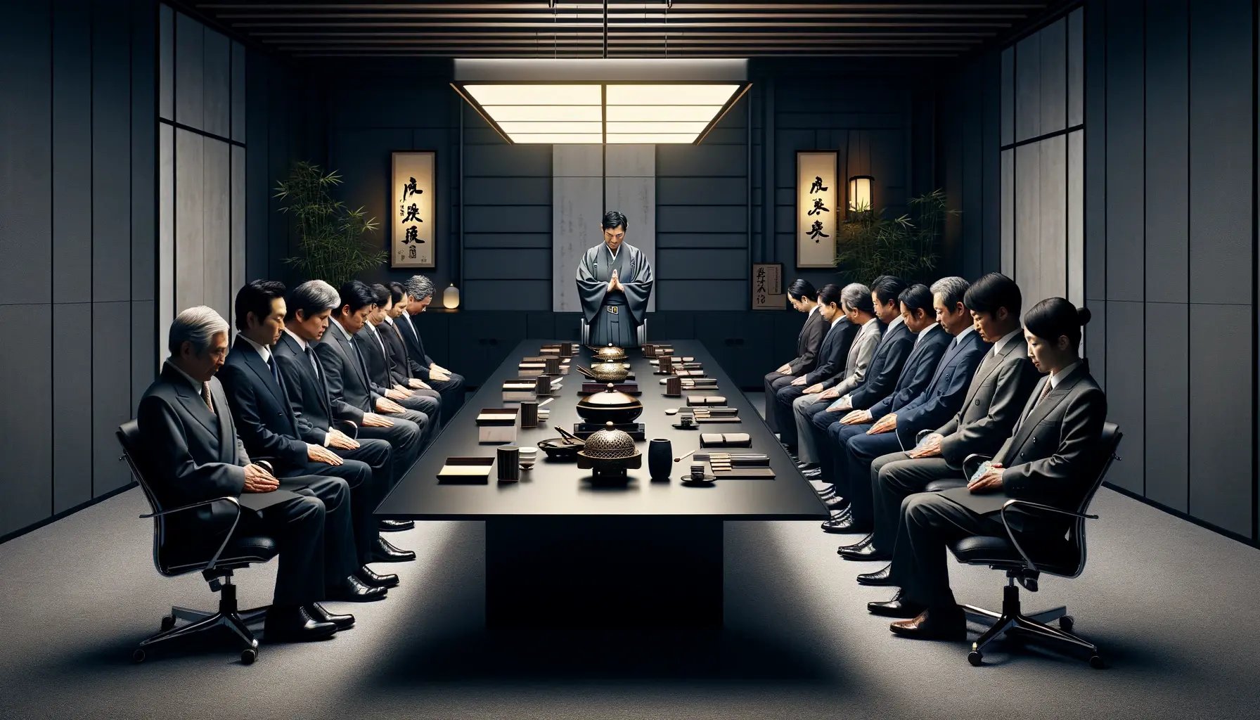 DALL·E 2024-05-04 18.01.36 - A formal business meeting in Japan, focusing on traditional procedures and protocols. The scene is set in a sleek, modern Japanese office with a large