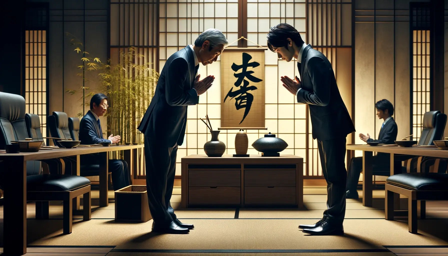 DALL·E 2024-05-04 18.05.34 - A detailed business setting in Japan showcasing the etiquette of greetings. The scene includes two Japanese businessmen, one older and one younger, in