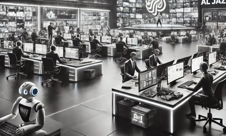DALL·E 2025-02-25 23.02.17 - A hyper-realistic black and white image of a media studio inspired by Al Jazeera, now with advanced AI elements integrated. The scene shows a bustling