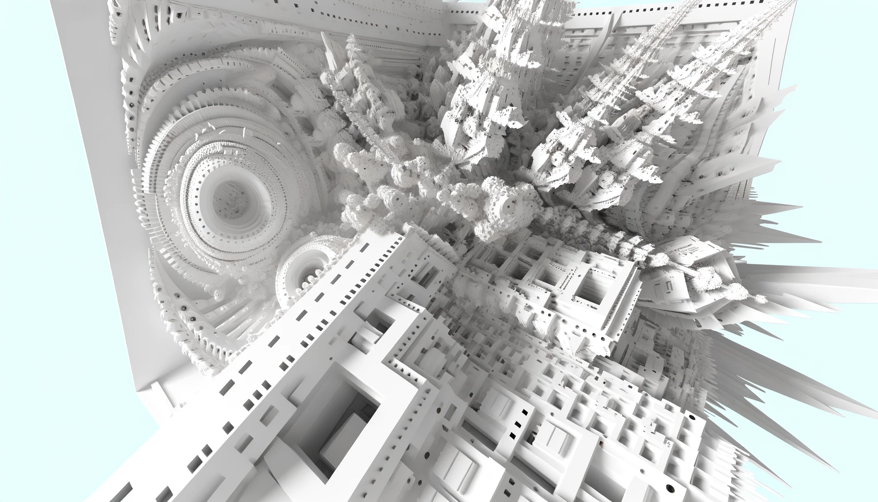 Intricate all-white 3D abstract architecture, creating a visually captivating image for advanced technology concepts, perfect for enhancing the visual appeal of a technology-focused blog or website.