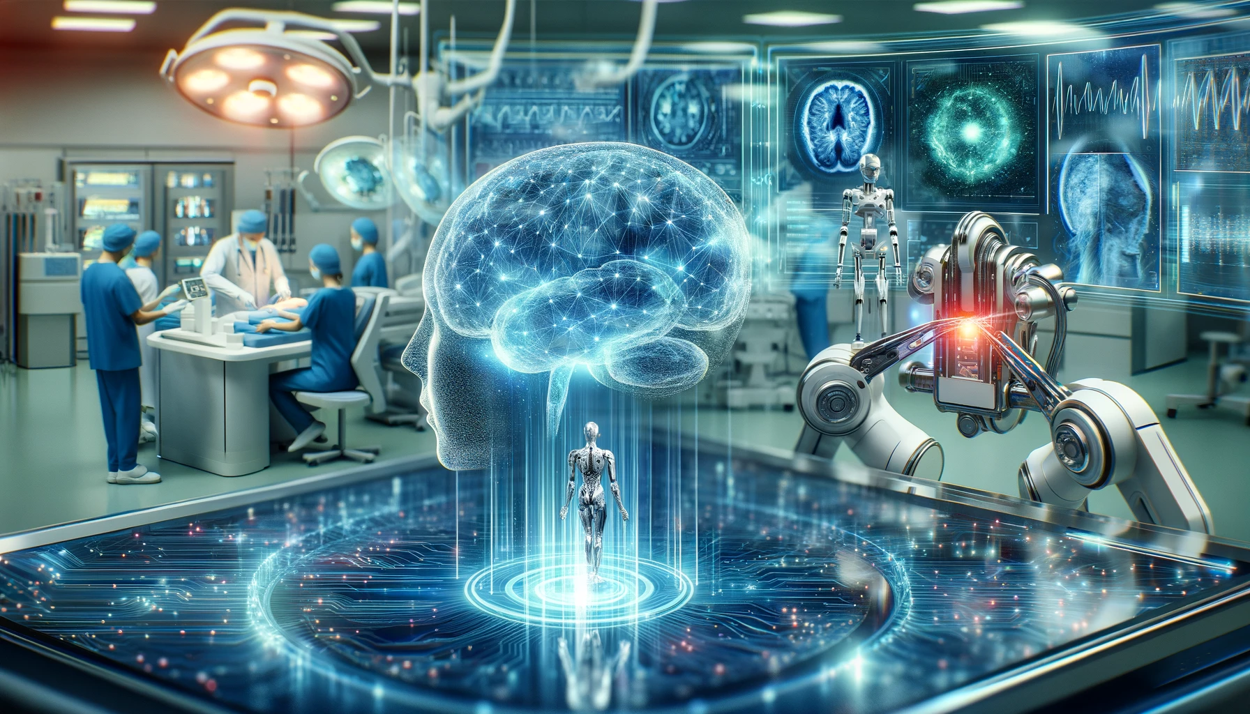 A futuristic concept of a medical facility enhanced with advanced artificial intelligence technology, featuring a robotic arm performing a procedure, holographic displays of human anatomy, and medical staff engaged in surgery. The central focus is a luminous, holographic human brain, symbolizing the integration of AI in neurological studies and healthcare innovations.