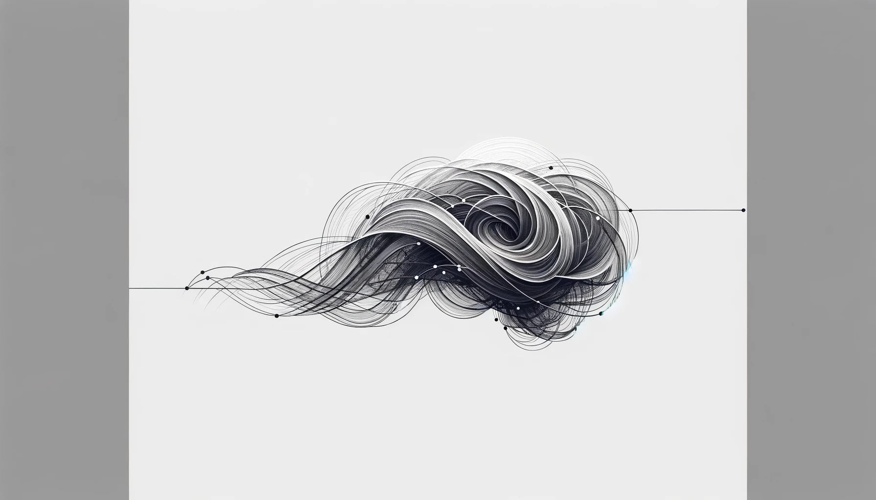 Abstract black and white image of swirling lines creating a circular, wave-like pattern on a grey background.