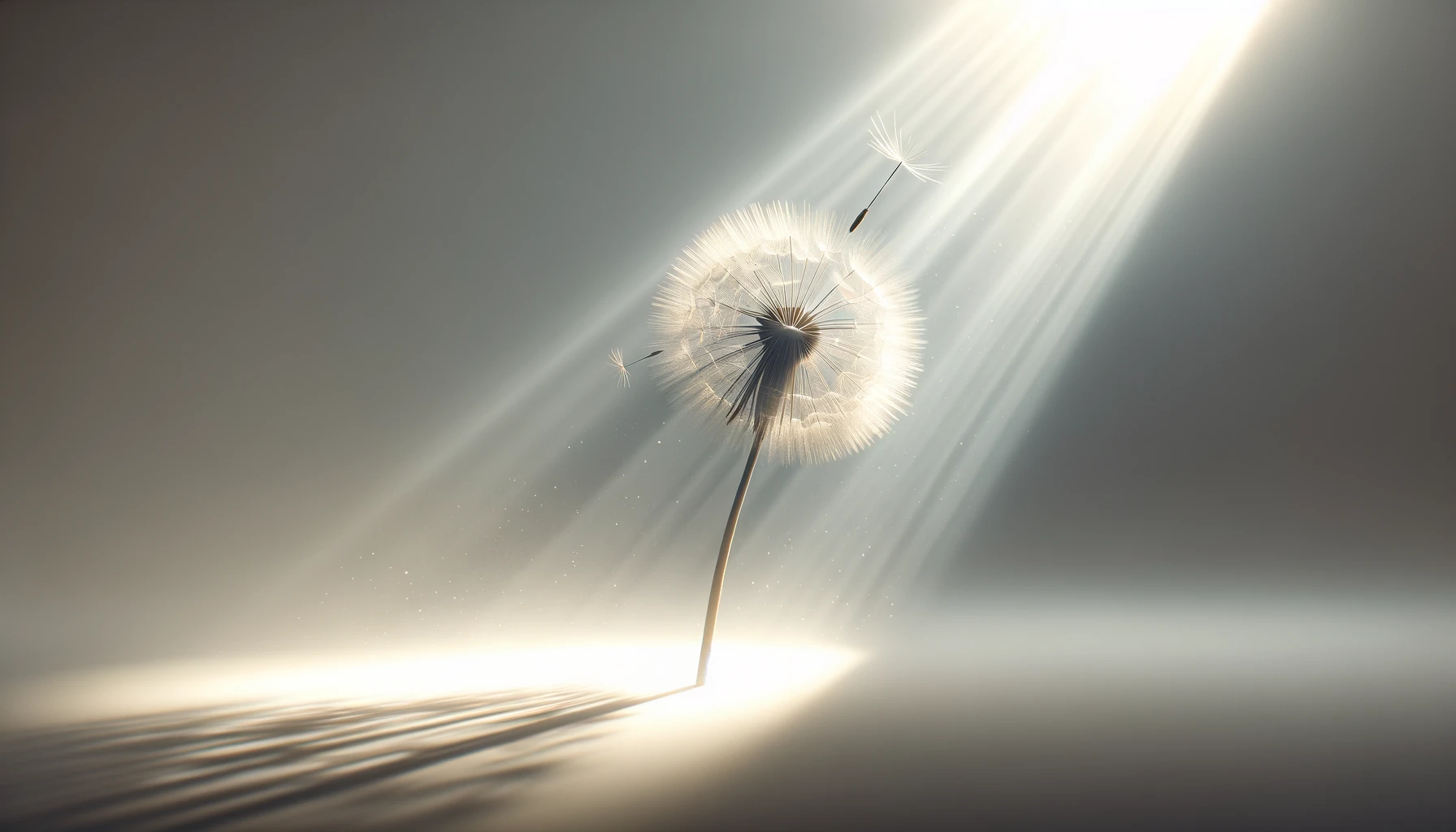 A single dandelion seed illuminated by a ray of sunlight against a white background.