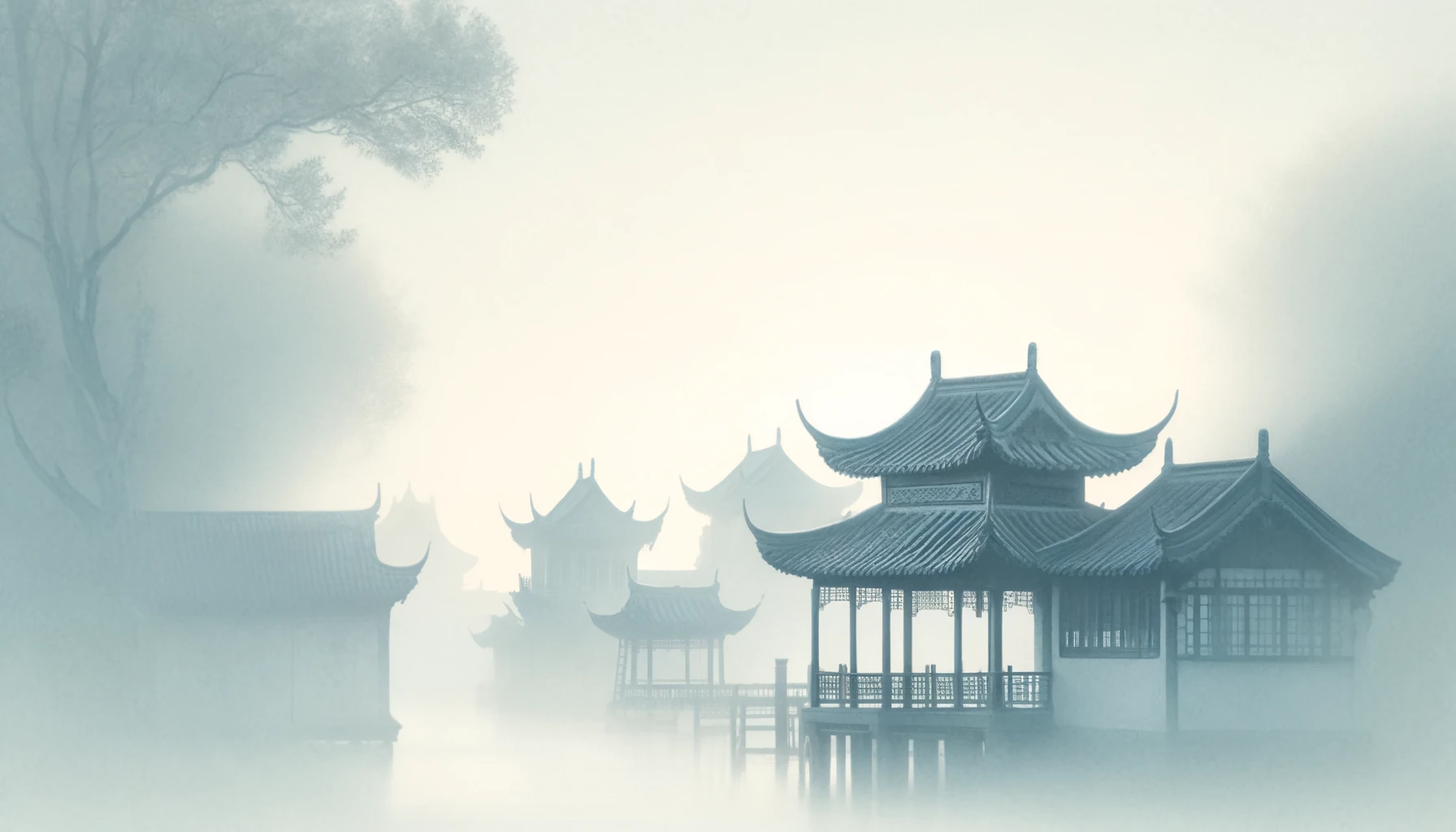 Serene Chinese landscape in soft white hues, featuring traditional buildings silhouettes in a 16:9 aspect ratio, perfect for enhancing the visual appeal of content focused on historical Chinese architecture and design aesthetics.