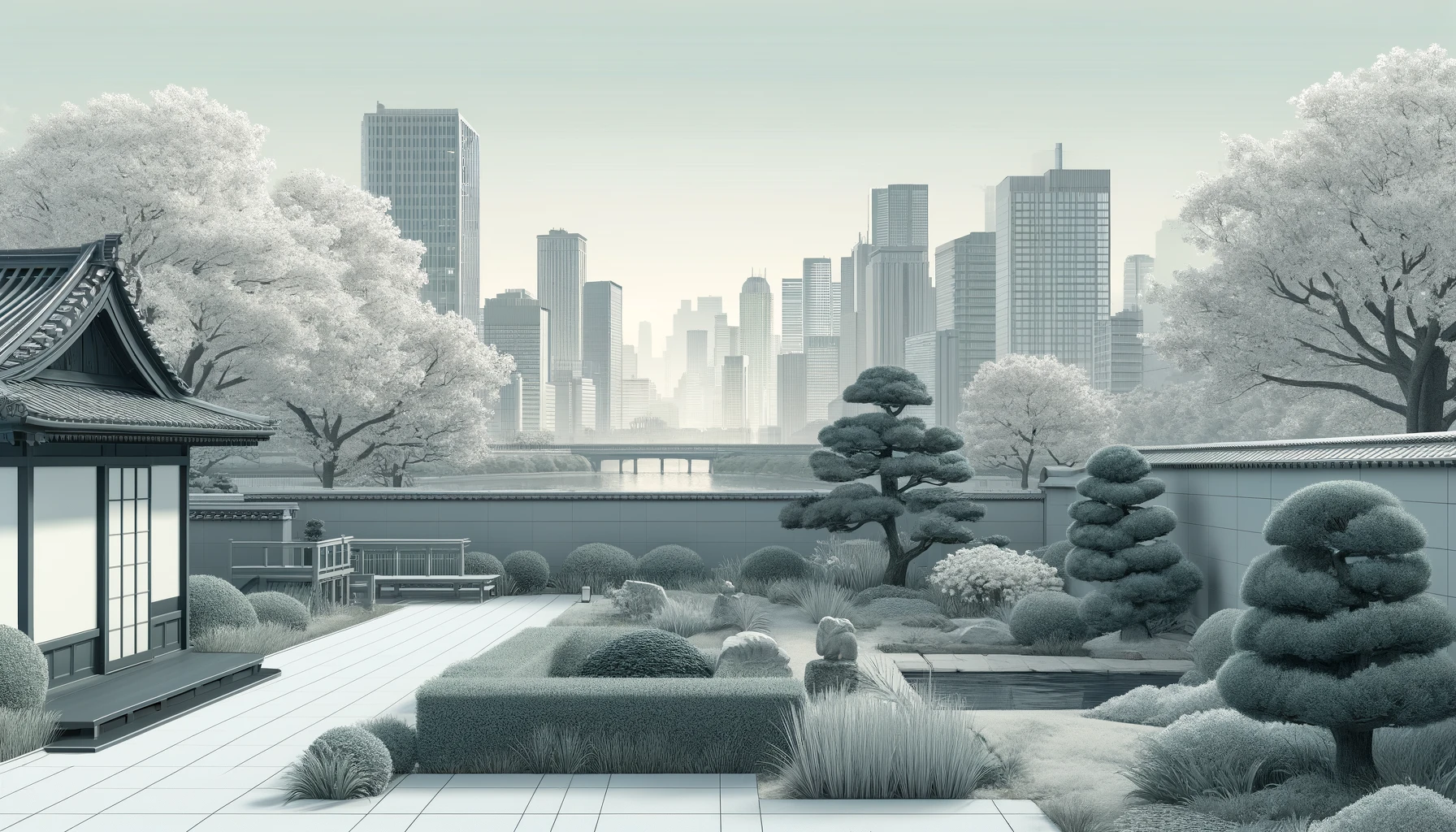 A serene landscape of modern Japan with a blend of skyscrapers and traditional elements like a koi pond and cherry blossoms, rendered in soft grays, blues, and greens.