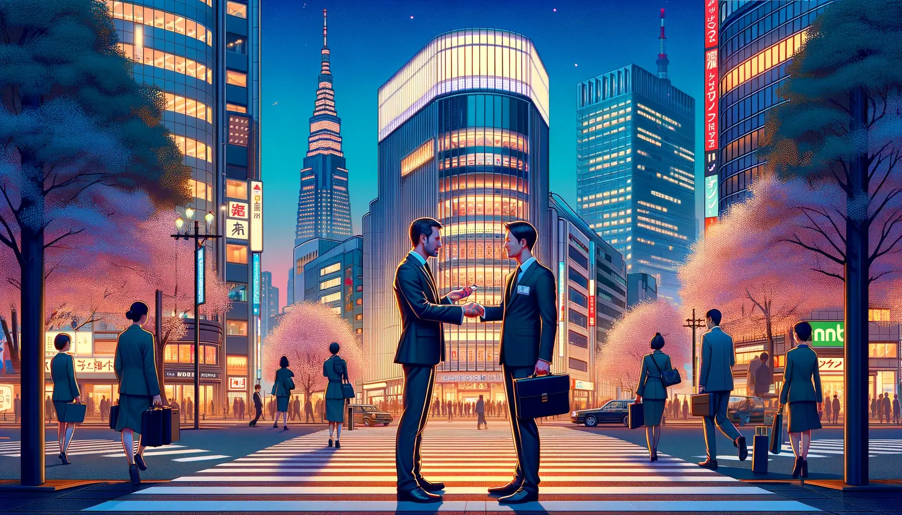 Two businessmen shaking hands on a busy city street at dusk, surrounded by illuminated skyscrapers and cherry blossom trees, with signs in Japanese and a starry sky above.