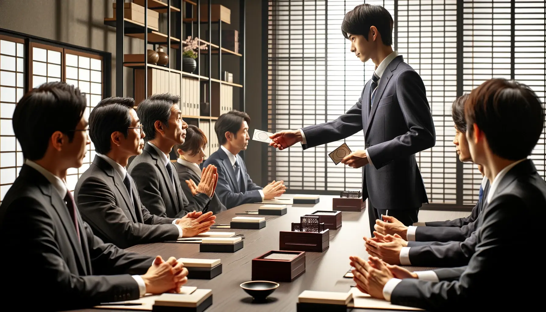 The image shows a Japanese business card exchange, emphasizing respect and hierarchy in a traditional office setting.