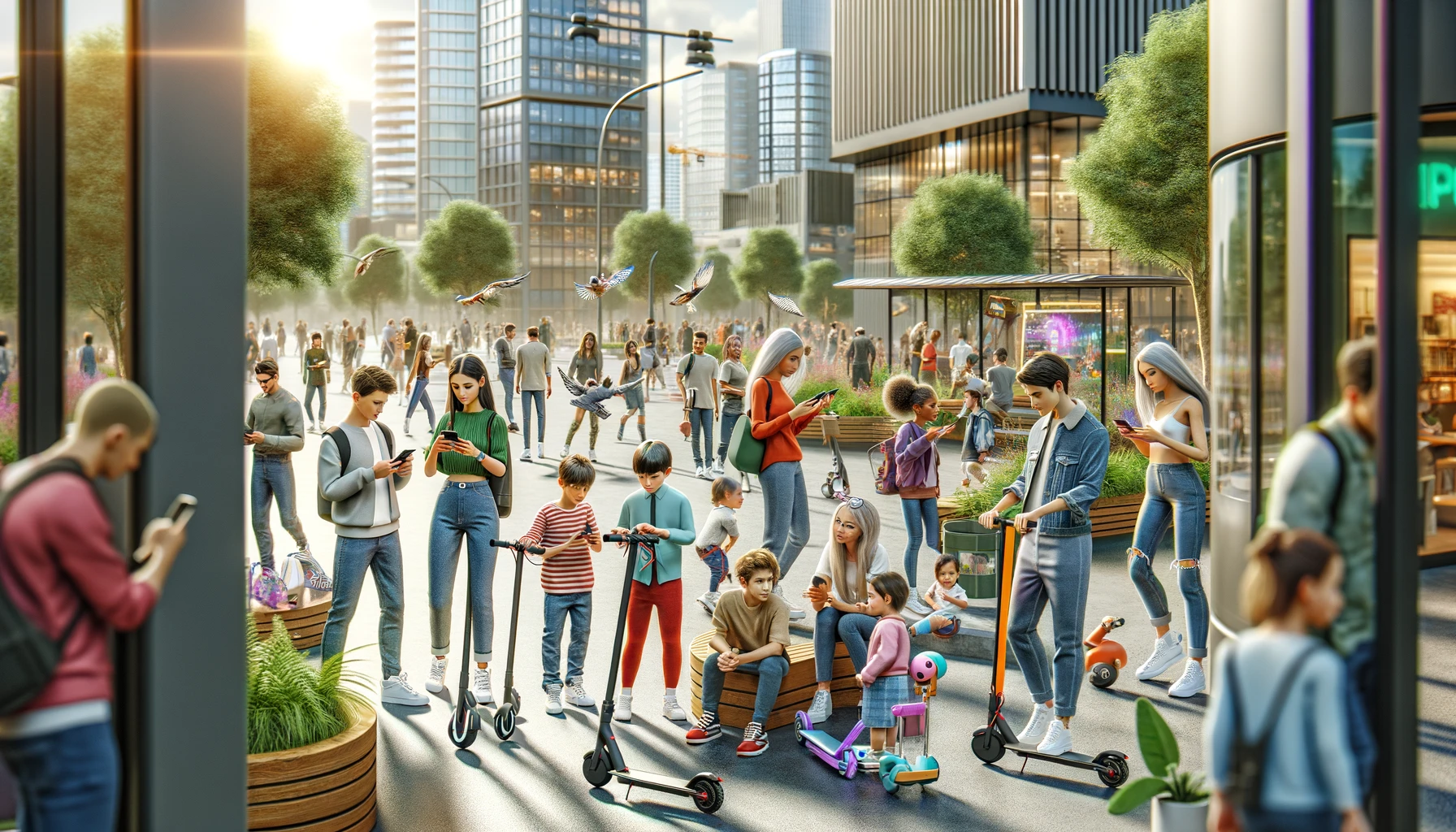 A realistic city park scene with Generation Z using smartphones and skateboarding, Generation Alpha playing on the playground and riding bikes, and Generation Zalpha flying drones and reading e-books.