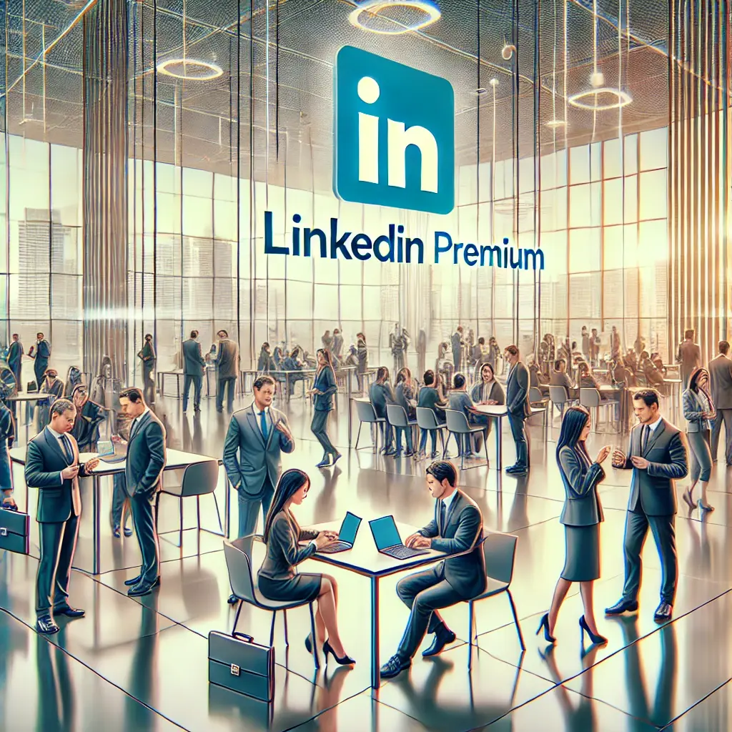 Professional group of diverse individuals (Asian, Hispanic, Caucasian, Black) in business attire, engaged in activities like networking, using laptops, and participating in a seminar in a modern office space, symbolizing professional growth and advanced technology, with a subtle LinkedIn logo included