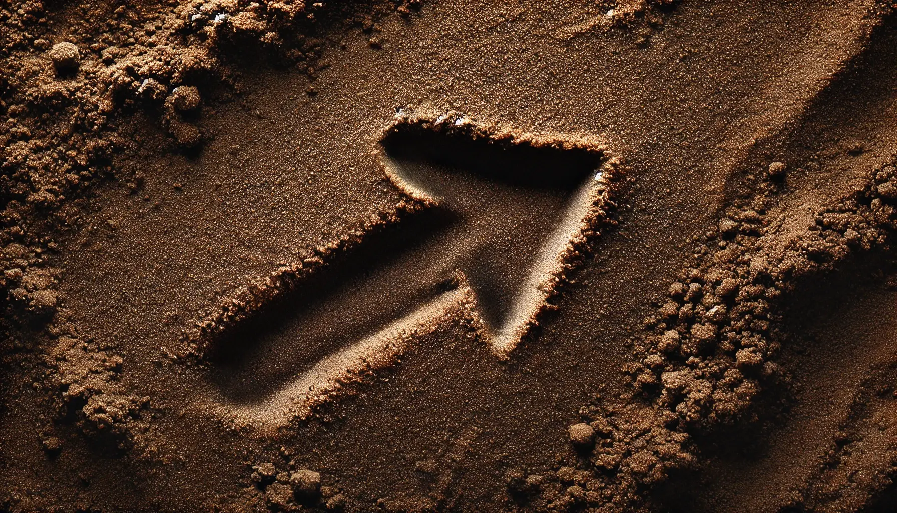 Dark sandy texture with a sharply defined arrow drawn on the right side, symbolizing direction and guidance.