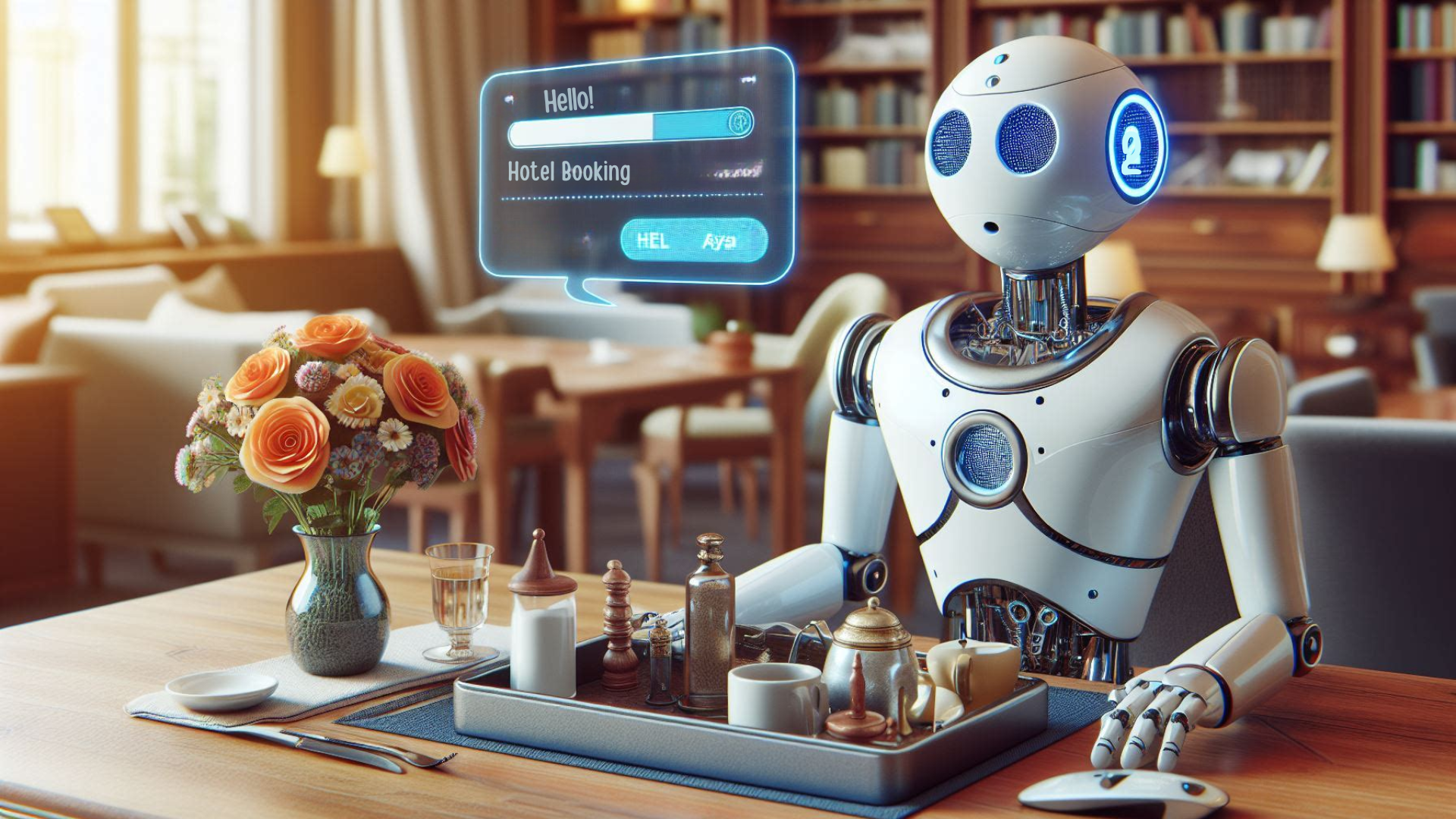 Hotel Chatbot Receptionist: A white-faced robot with a friendly demeanor stands at the hotel front desk, ready to assist guests.