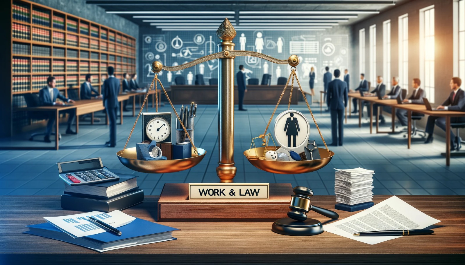 Scale of justice in a modern law office with legal books, a gavel, and items symbolizing work-life balance on the scales, with a plaque reading 