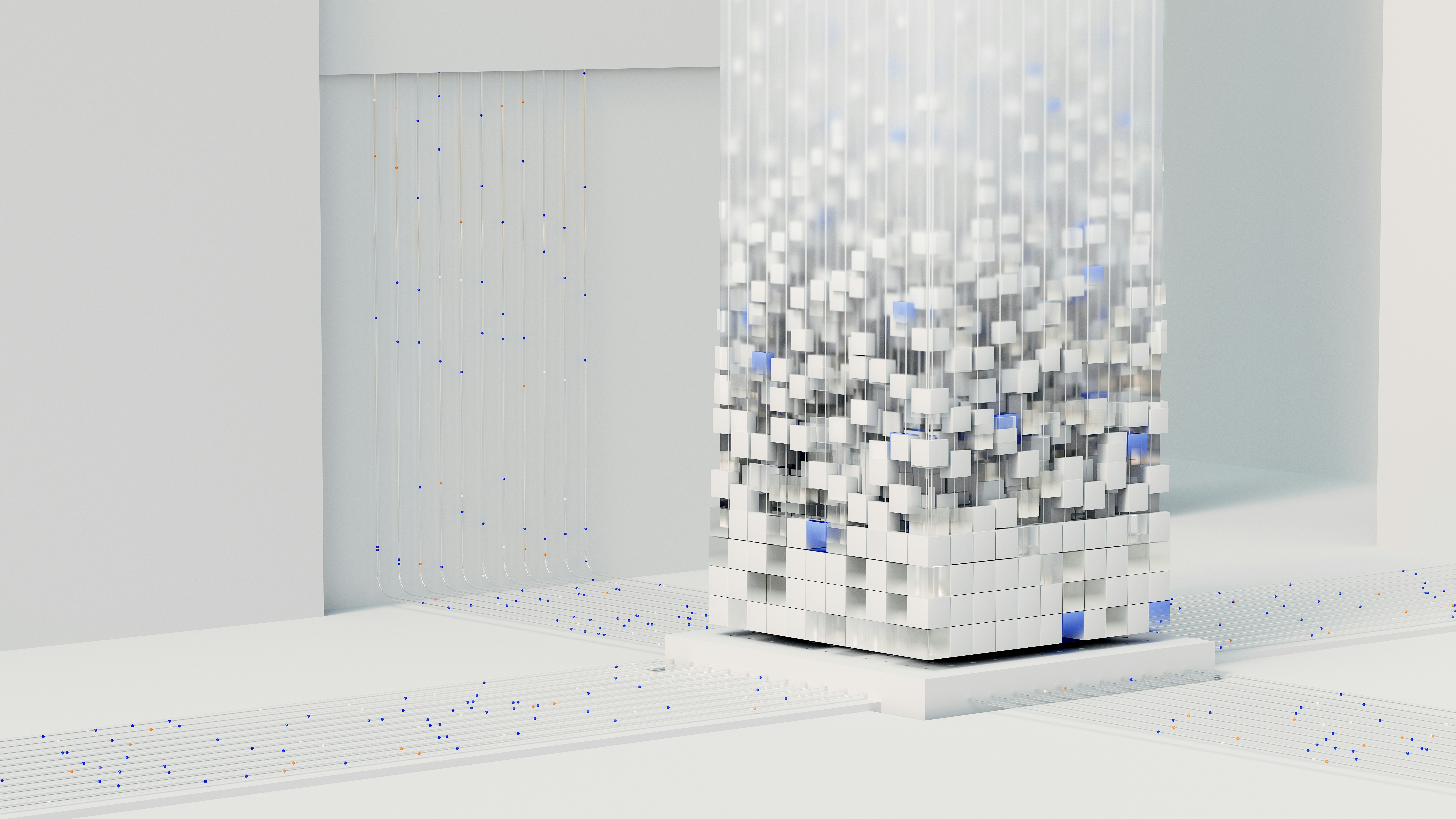 Abstract 3D visualization of data processing with a digital structure of pixelated cubes and flowing lines representing information streams, symbolizing advanced computing technology and AI data analysis on a white background.