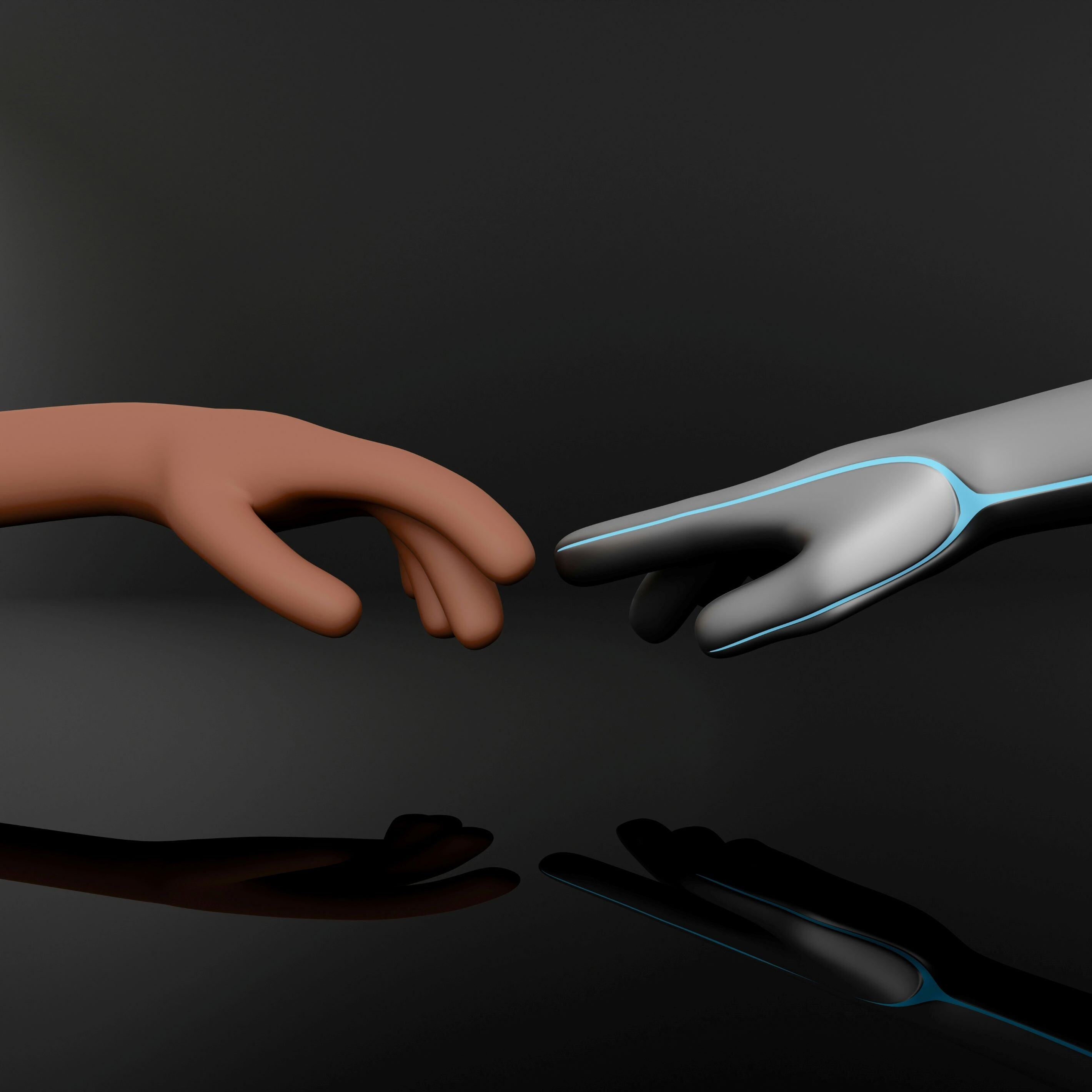 Digital artwork depicting a human hand reaching out towards a robotic hand, both cast against a dark, reflective surface that shows their shadows, emphasizing a moment of connection between human and technology.