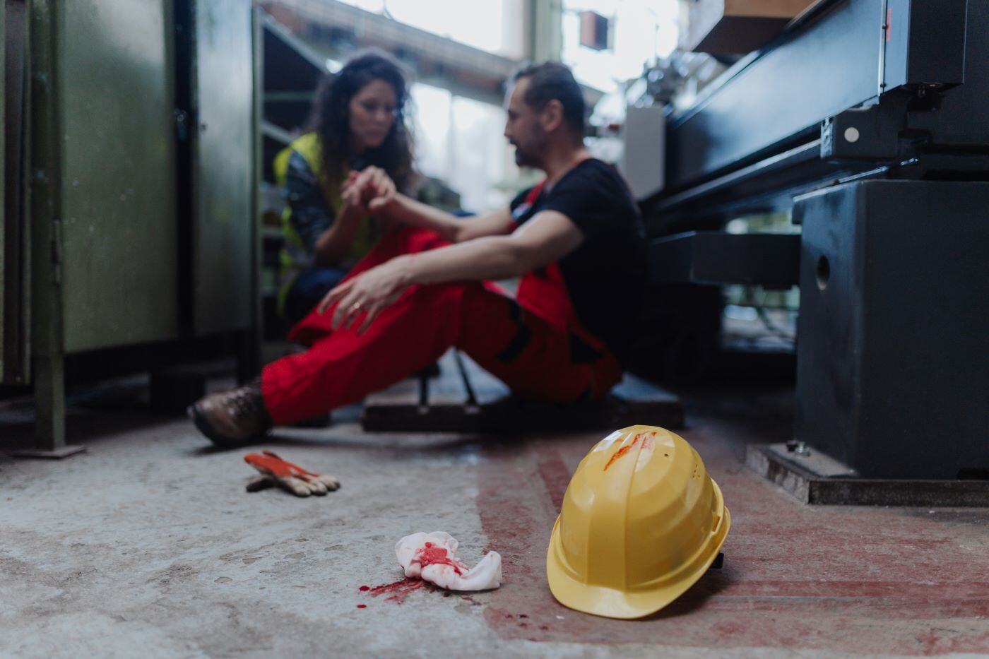 Two workers discussing an injury at a UK workplace, with safety helmet and gloves on the ground, highlighting the need for work accident claims and compensation.